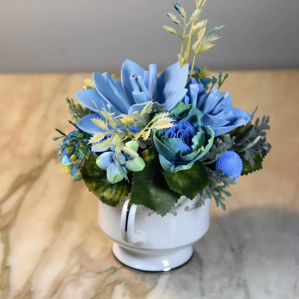 Vintage Sango sugar bowl filled with Sola flowers airbrushed in soothing blues